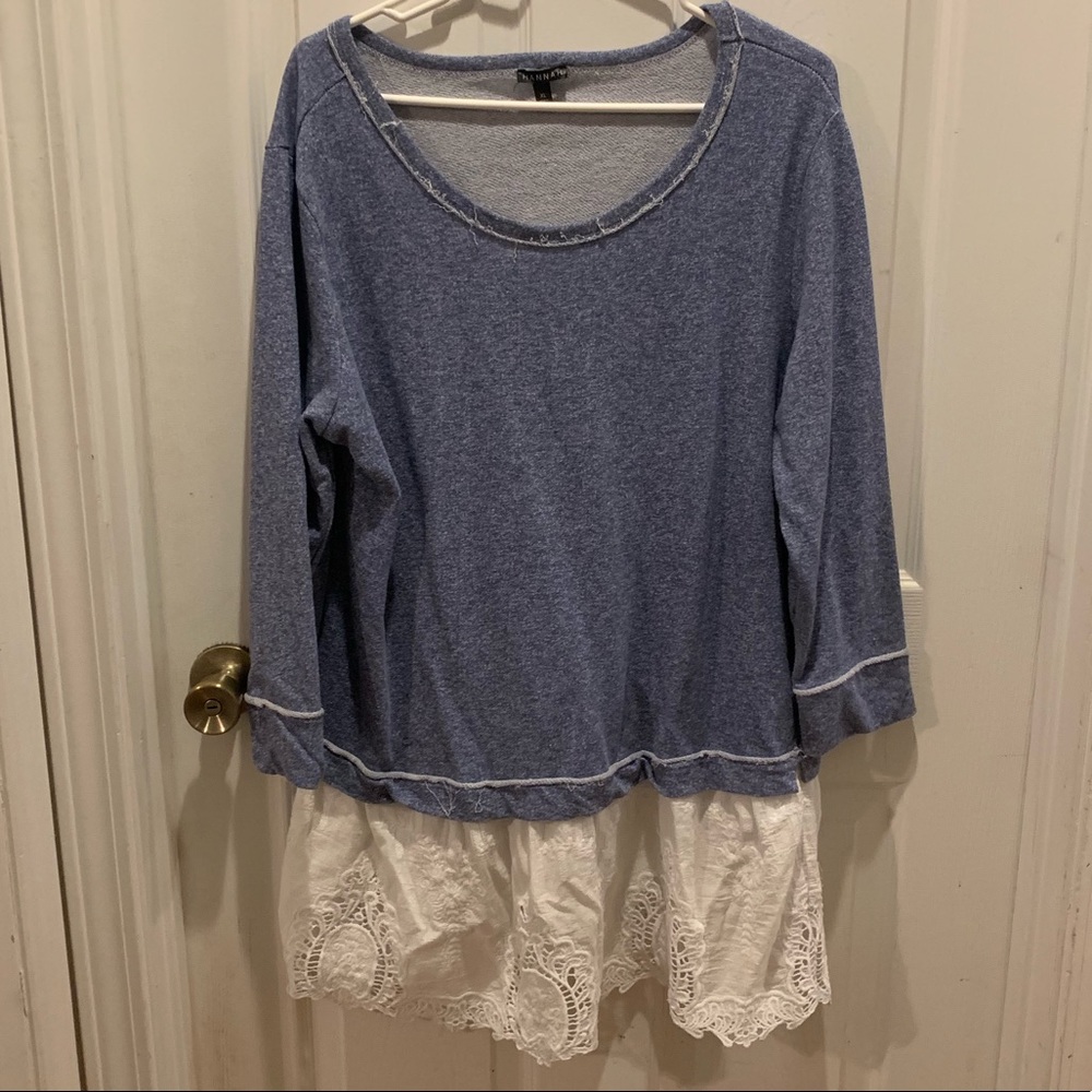 Hannah Blue Sweater with lace.